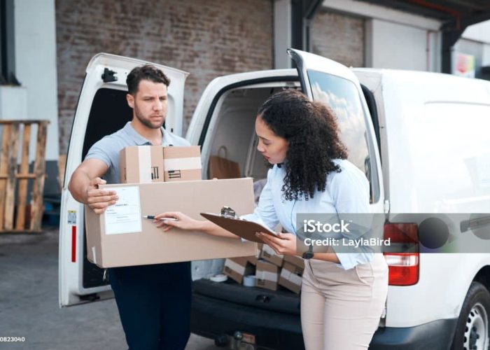 Delivery, checklist and shipping with business people and box for products, logistics and inspection. Ecommerce, cargo and supply chain with worker and car for courier, transportation and package